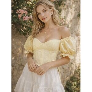 Papaya Butter Yellow Corset Top Puff Sleeve Tie Back Blouse Size L